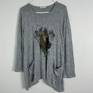 Jess‎ Jane Grey Slouchy Long Sleeve Tunic Top Womens XL Front Pockets Lagenlook